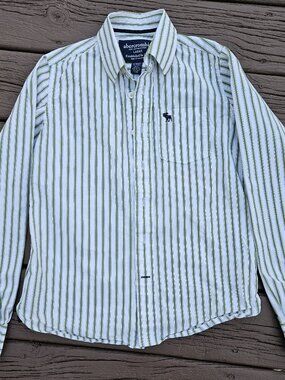 Abercrombie and Fitch Button Down Dress Shirt White, Green Striped Boy's Size L